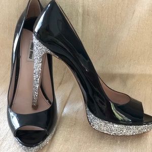 Miu Miu Patent Pump with Silver Glitter